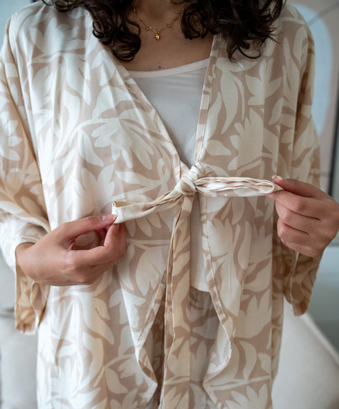 Women summer 3 piece pajama set Beige Top + Bold Floral Outline kimono & Short